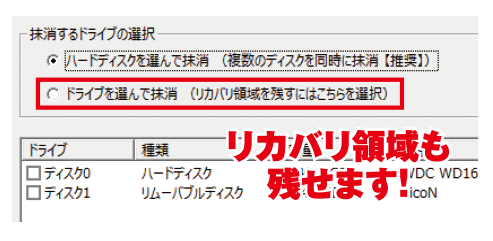 HDD・SSD内にリカバリ領域を備えているパソコンの抹消にも対応